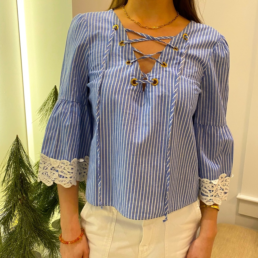 Zara bell 3/4 sleeve top with lace up neckline. Blue with white stripes size XS